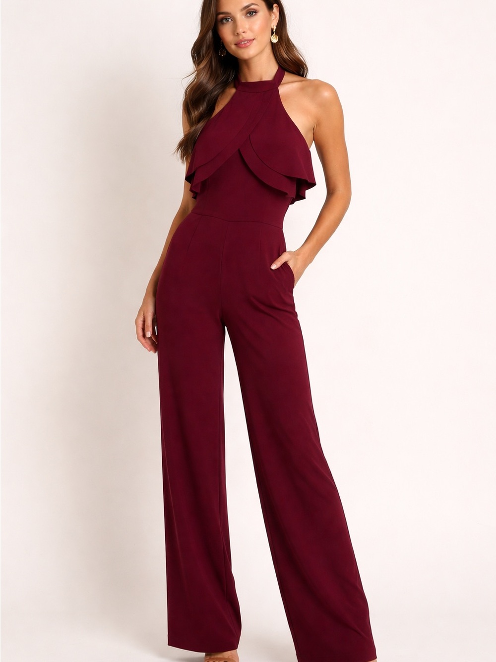 bebe Burgundy Halter Ruffle Wide-Leg Jumpsuit